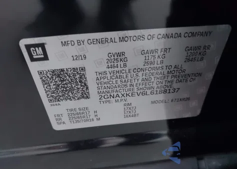 2020 Chevrolet Equinox Lt z USA, uszkodzony, nr VIN 2GNAXKEV6L6188137